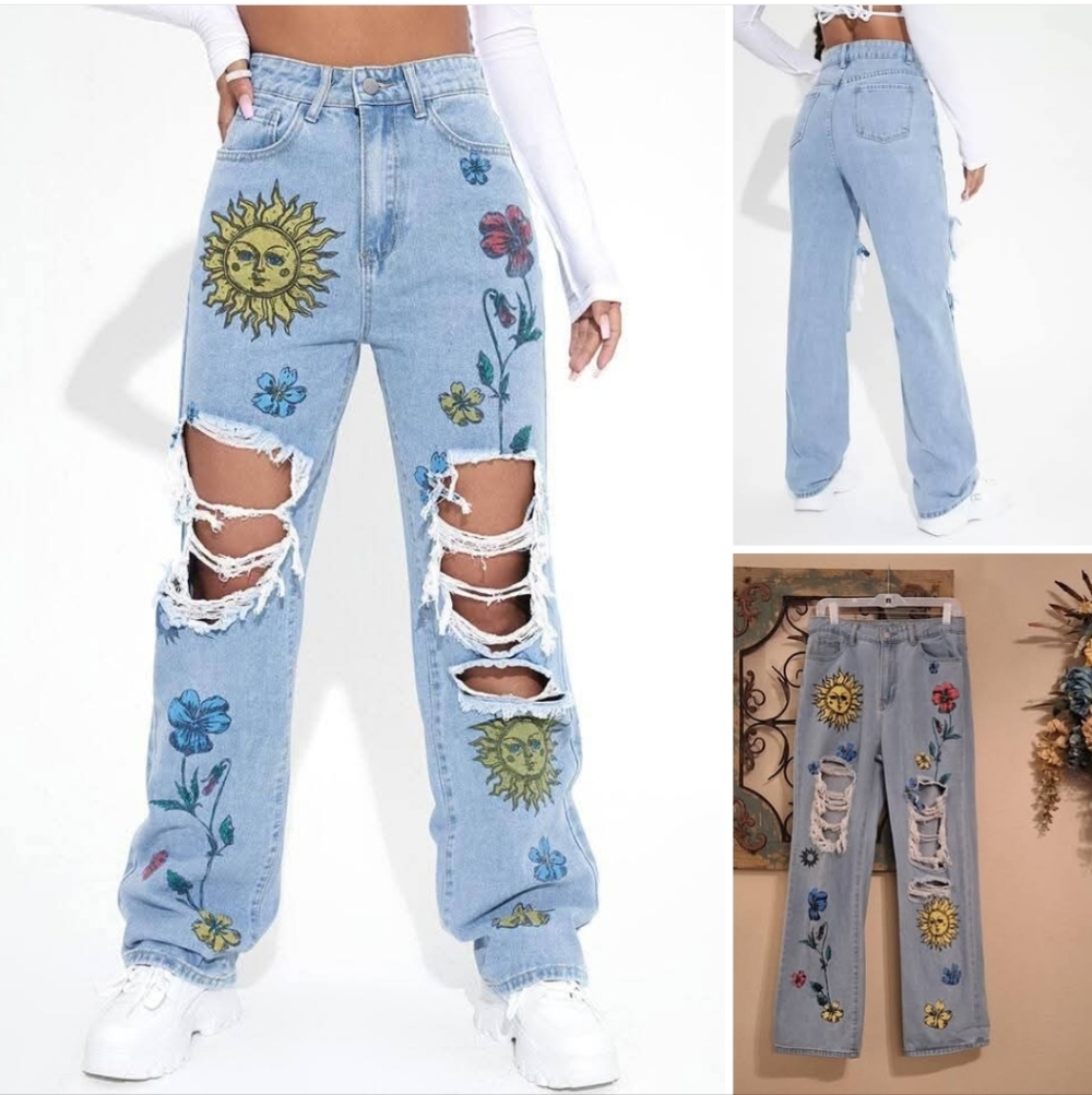 Sunflower Embroidered Ripped Wide Leg Jeans. Excellent Condition NWOT Size Large - Picture 3 of 12